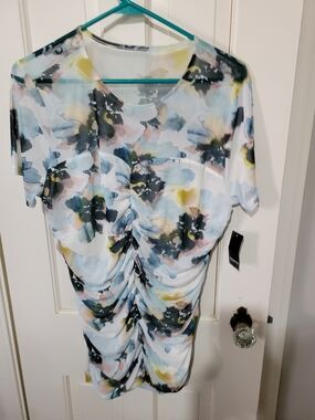 Ruched Short-Sleeve Floral Watercolor Top - Blue Multi